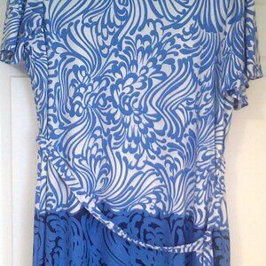 Chico's Tie Waist Dress Blue Paisley Waves Pattern Women’s 16 XL Flutter Sleeves